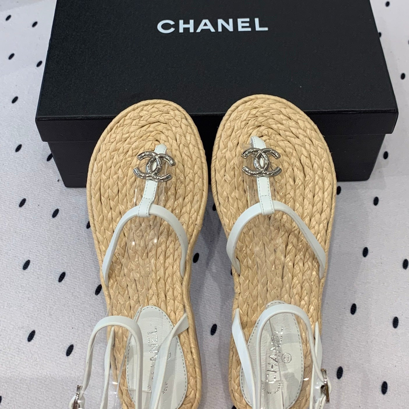 CHANEL Double  Vintage straw sandals replica designer shoe White Beige sheepskin