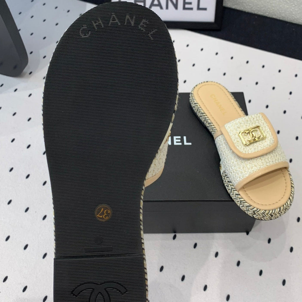 CHANEL Double  Women New Trendy Calfskin Slippers Beige Cream