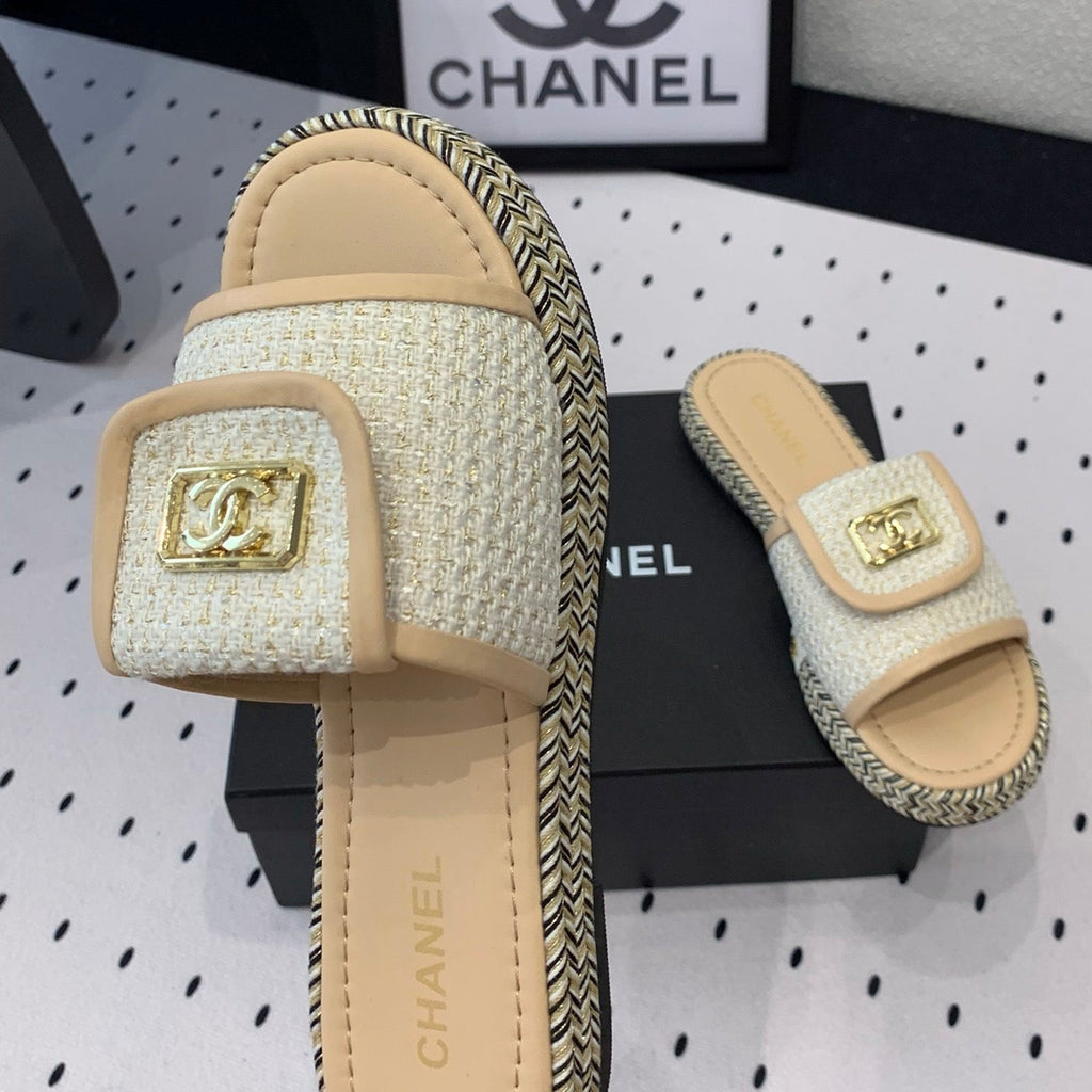 CHANEL Double  Women New Trendy Calfskin Slippers Beige Cream