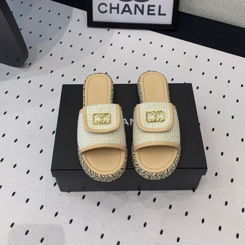 CHANEL Double  Women New Trendy Calfskin Slippers Beige Cream