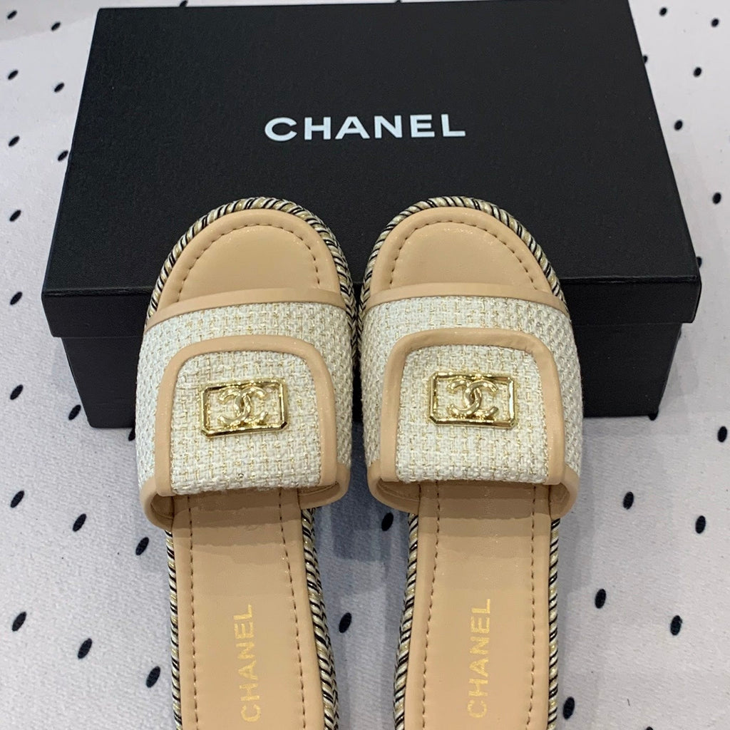 CHANEL Double  Women New Trendy Calfskin Slippers Beige Cream