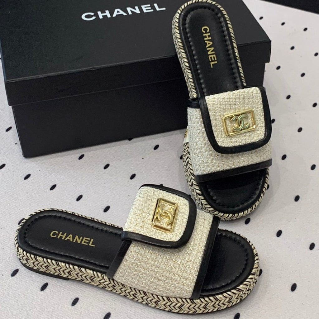CHANEL Double  Women New Trendy Calfskin Slippers White Black