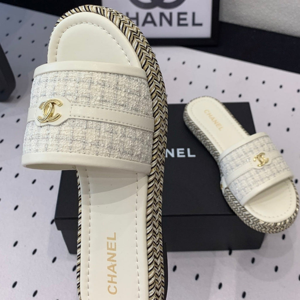 CHANEL Double  Women White Slippers Calfskin