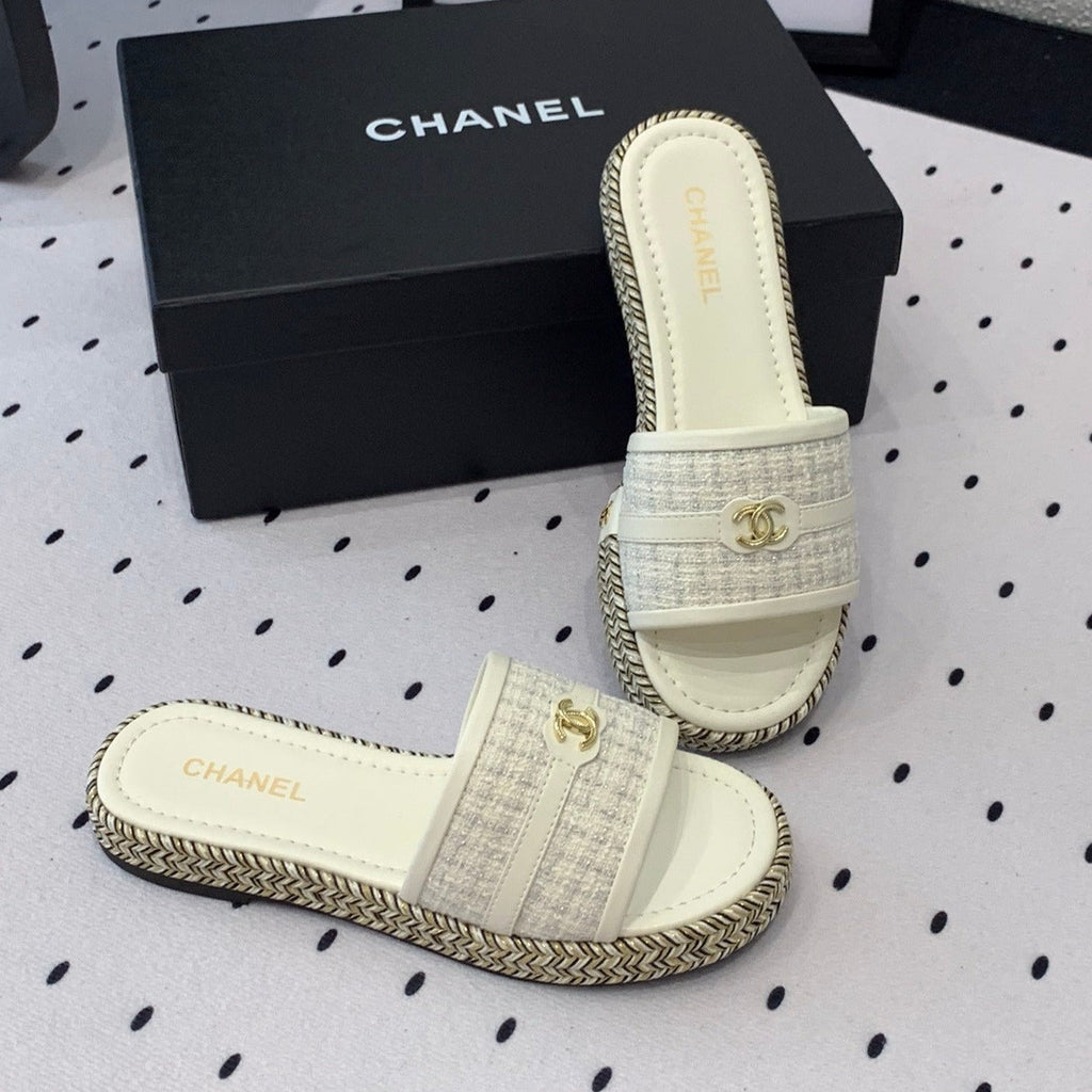 CHANEL Double  Women White Slippers Calfskin