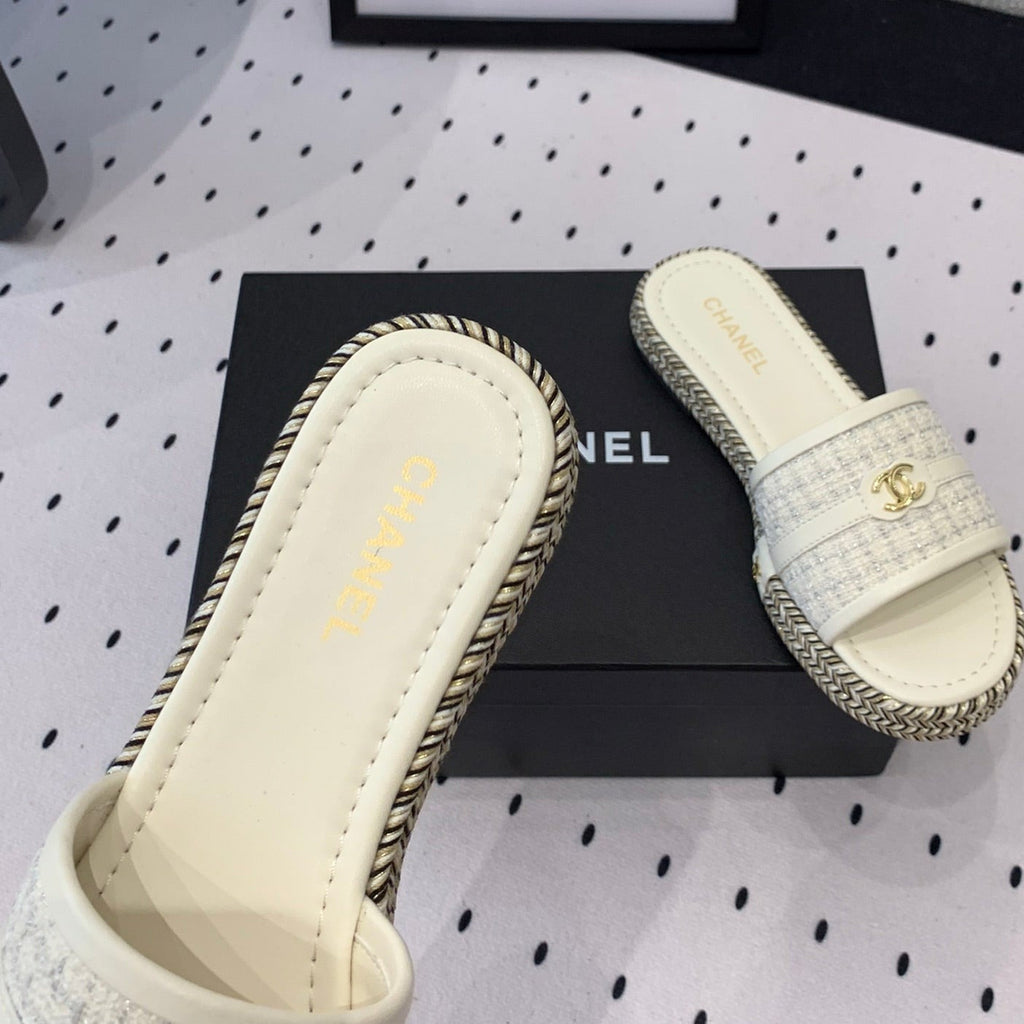 CHANEL Double  Women White Slippers Calfskin
