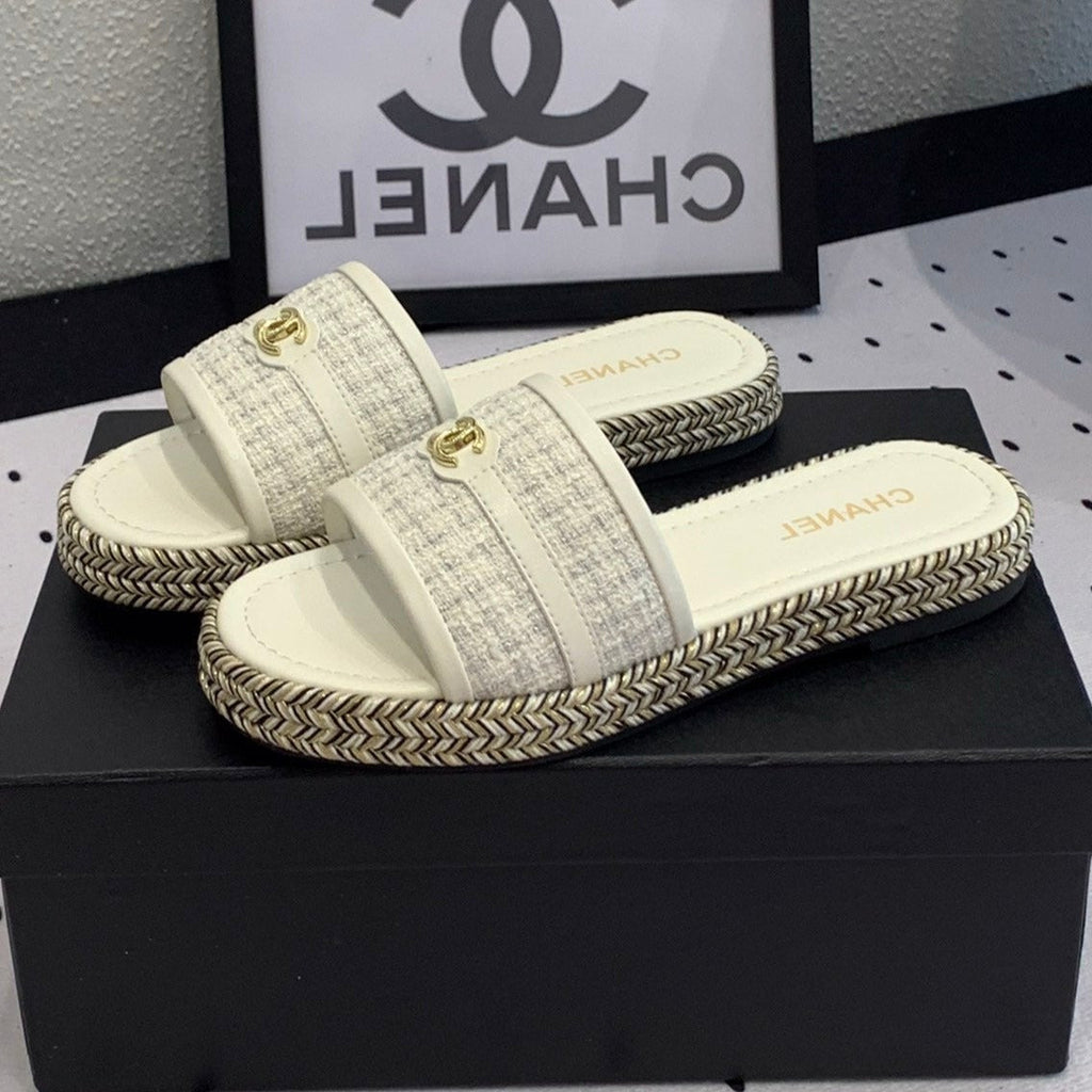 CHANEL Double  Women White Slippers Calfskin