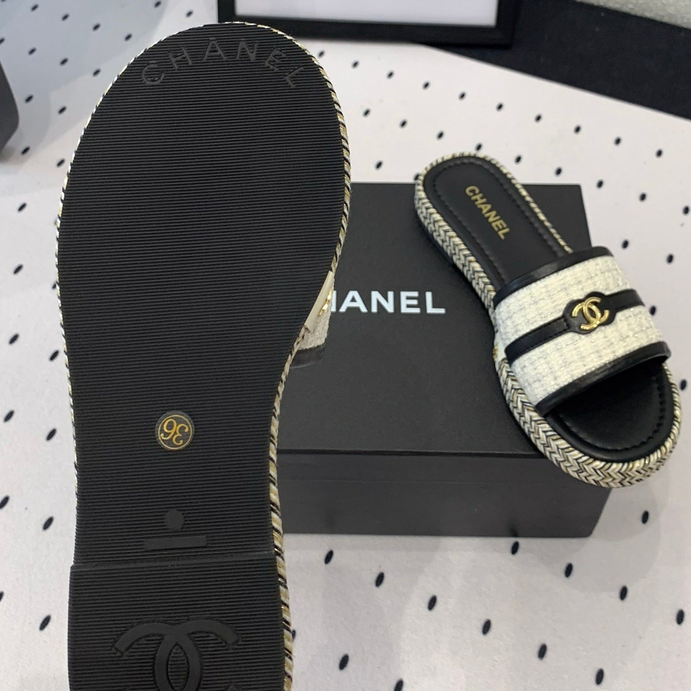 CHANEL Double  Women White Black Slippers Calfskin