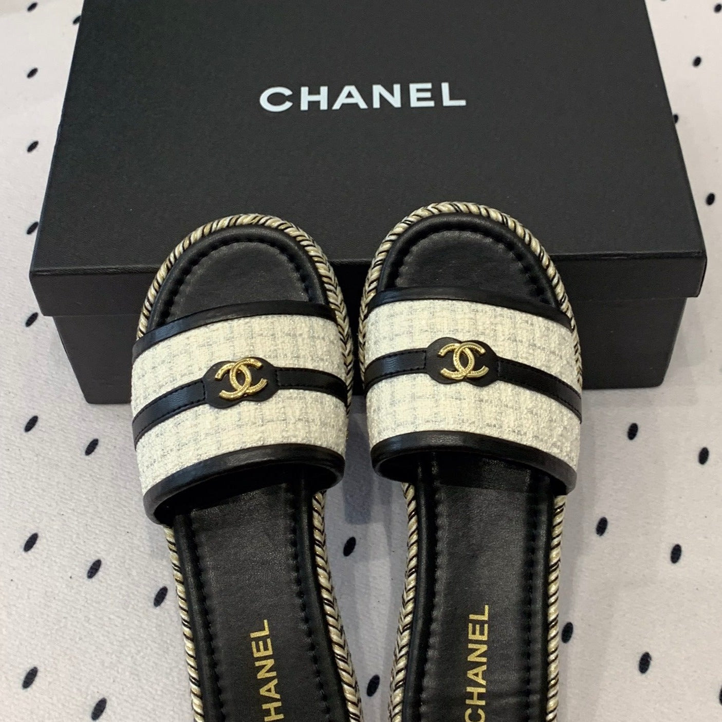 CHANEL Double  Women White Black Slippers Calfskin