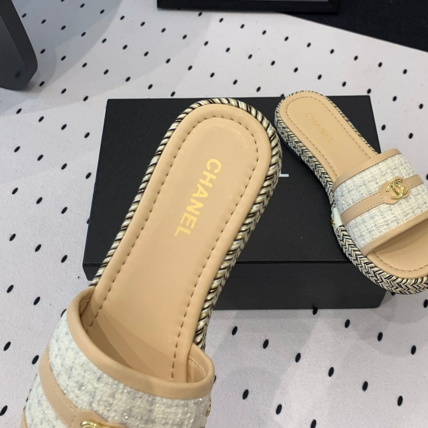 CHANEL Double  Women Beige Cream/ White Slippers Calfskin