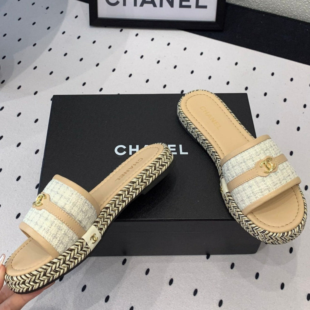 CHANEL Double  Women Beige Cream/ White Slippers Calfskin