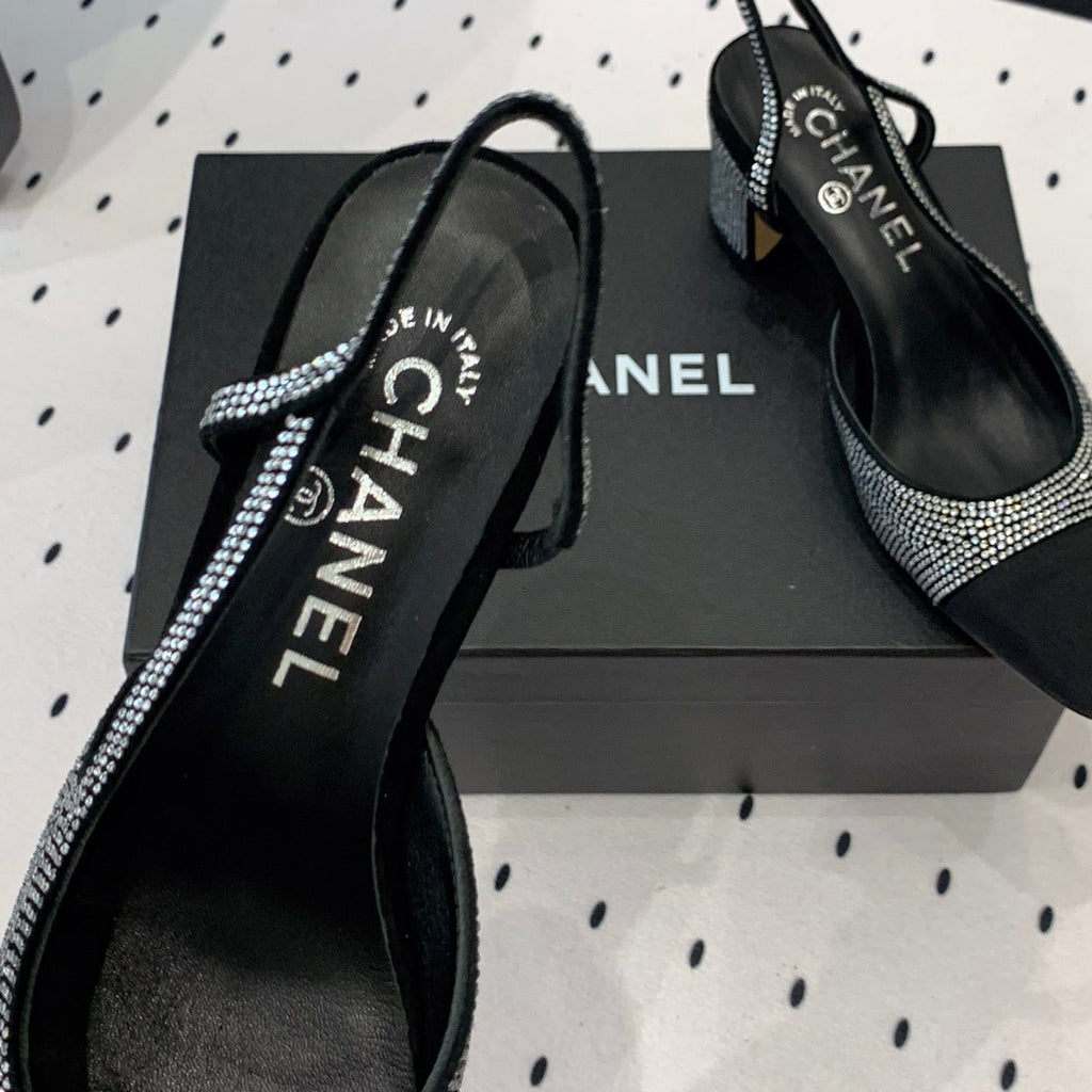 CHANEL Double  Rhinestone Slingback Sheepskin Silver Black
