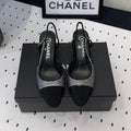 CHANEL Double  Rhinestone Slingback Sheepskin Silver Black