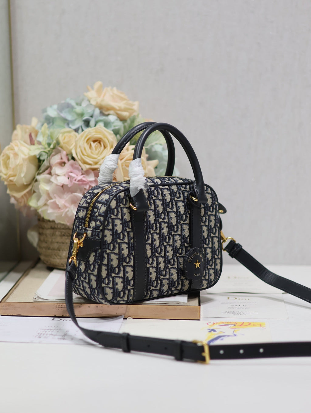 DIOR SMALL 25 D-VIBE BOWLING BAG IN BLUE MONOGRAM OBLIQUE JACQUARD