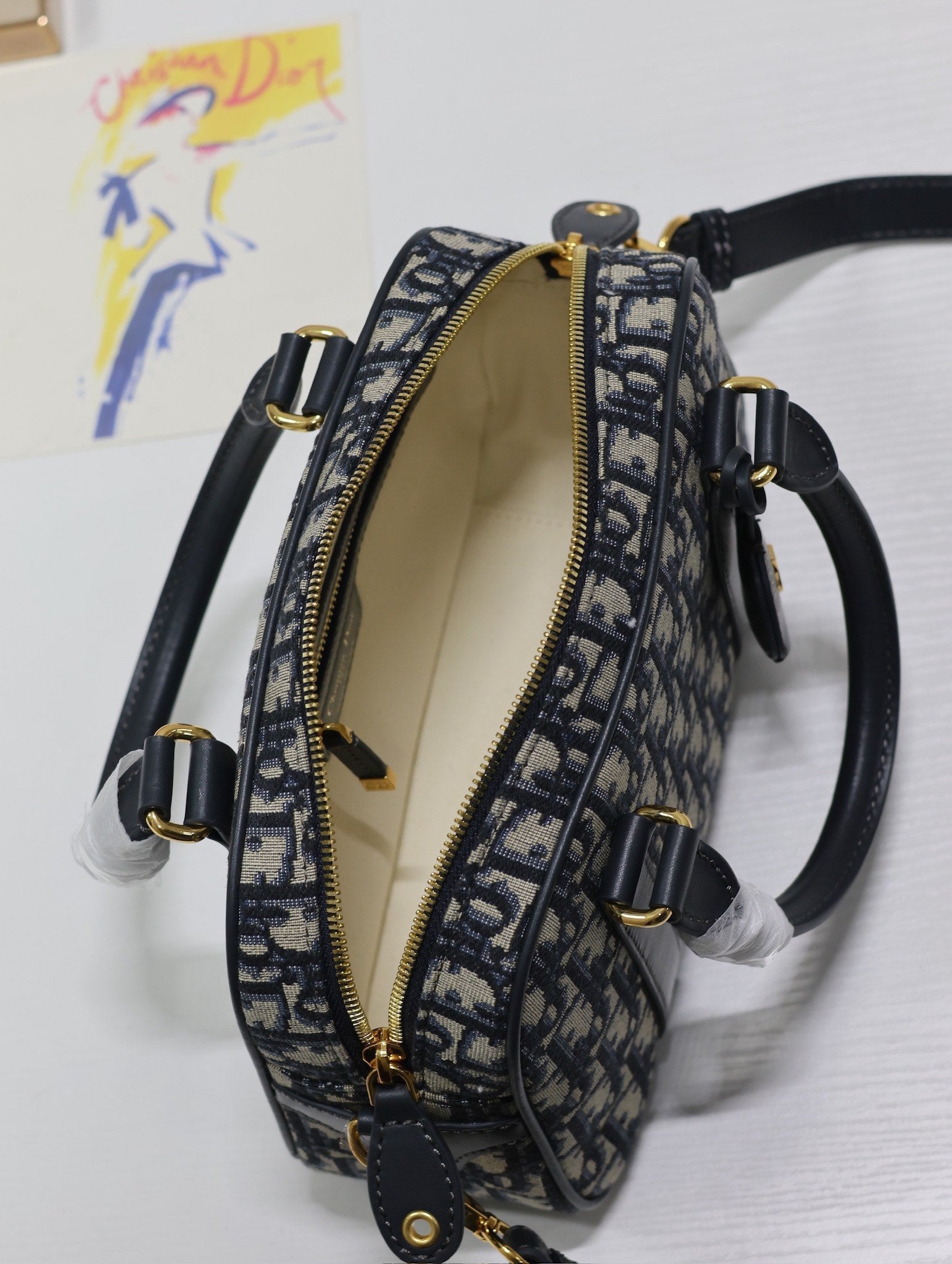 DIOR SMALL 25 D-VIBE BOWLING BAG IN BLUE MONOGRAM OBLIQUE JACQUARD