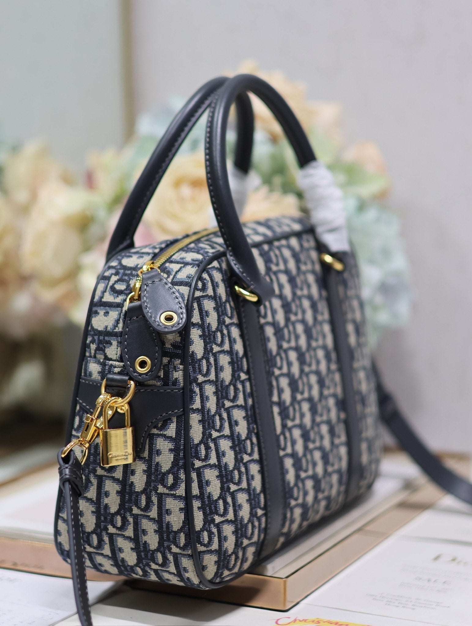 DIOR MEDIUM 31 D-VIBE BOWLING BAG IN BLUE MONOGRAM OBLIQUE JACQUARD
