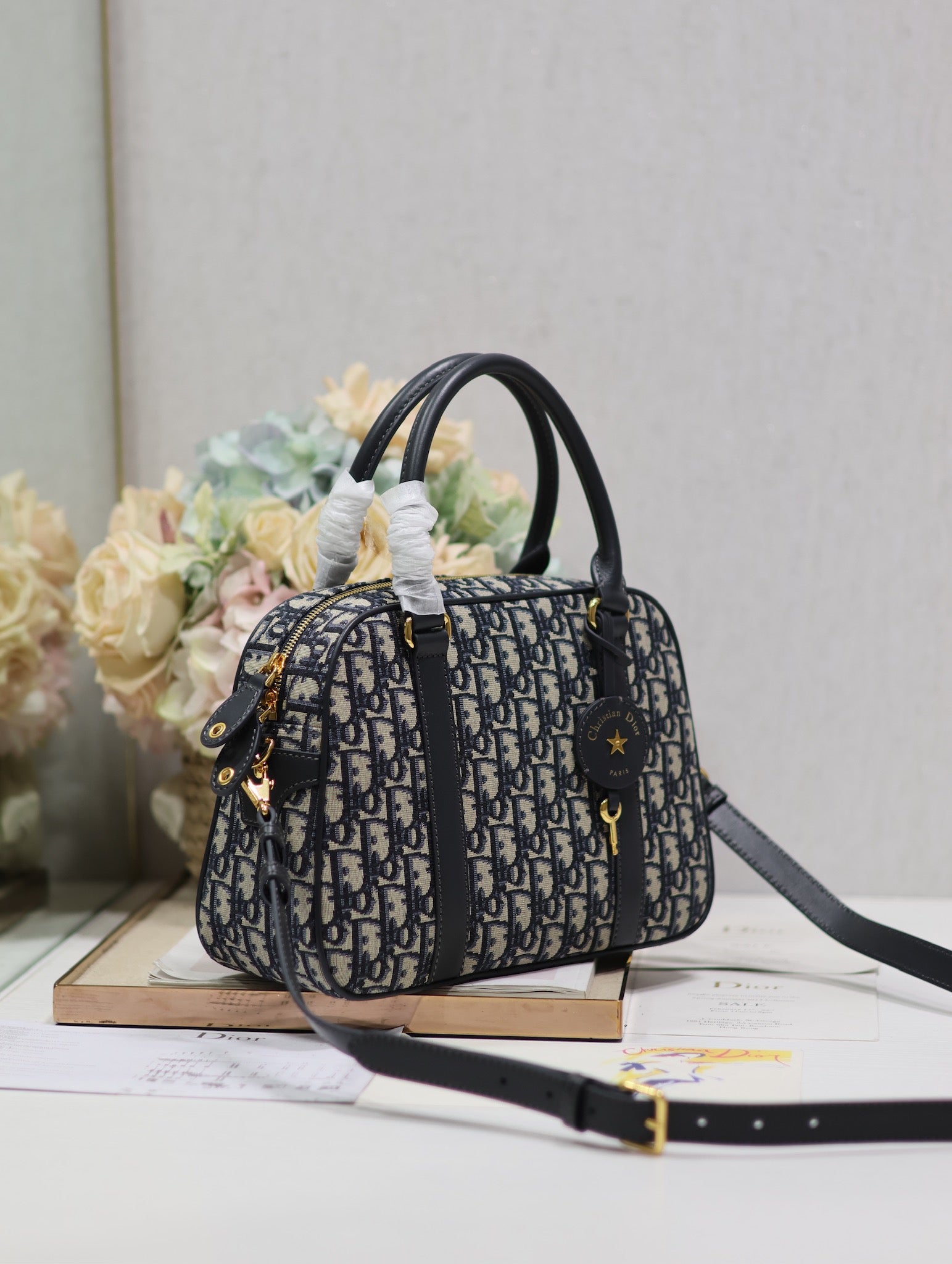 DIOR MEDIUM 31 D-VIBE BOWLING BAG IN BLUE MONOGRAM OBLIQUE JACQUARD