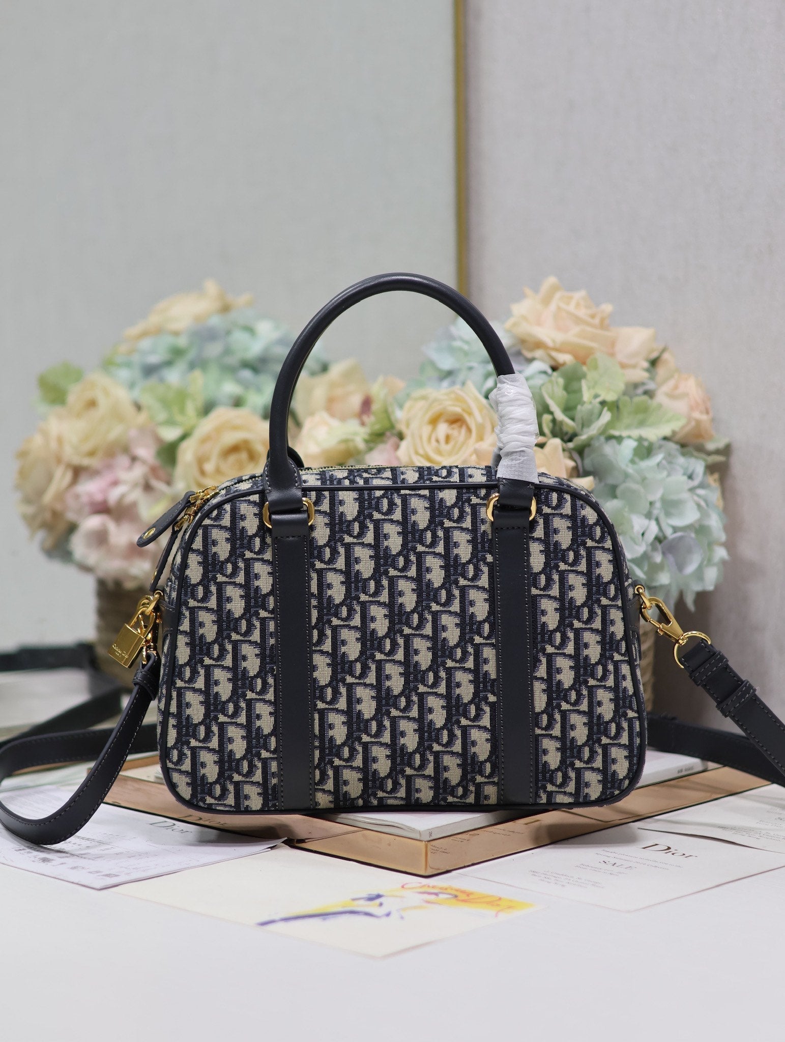 DIOR MEDIUM 31 D-VIBE BOWLING BAG IN BLUE MONOGRAM OBLIQUE JACQUARD