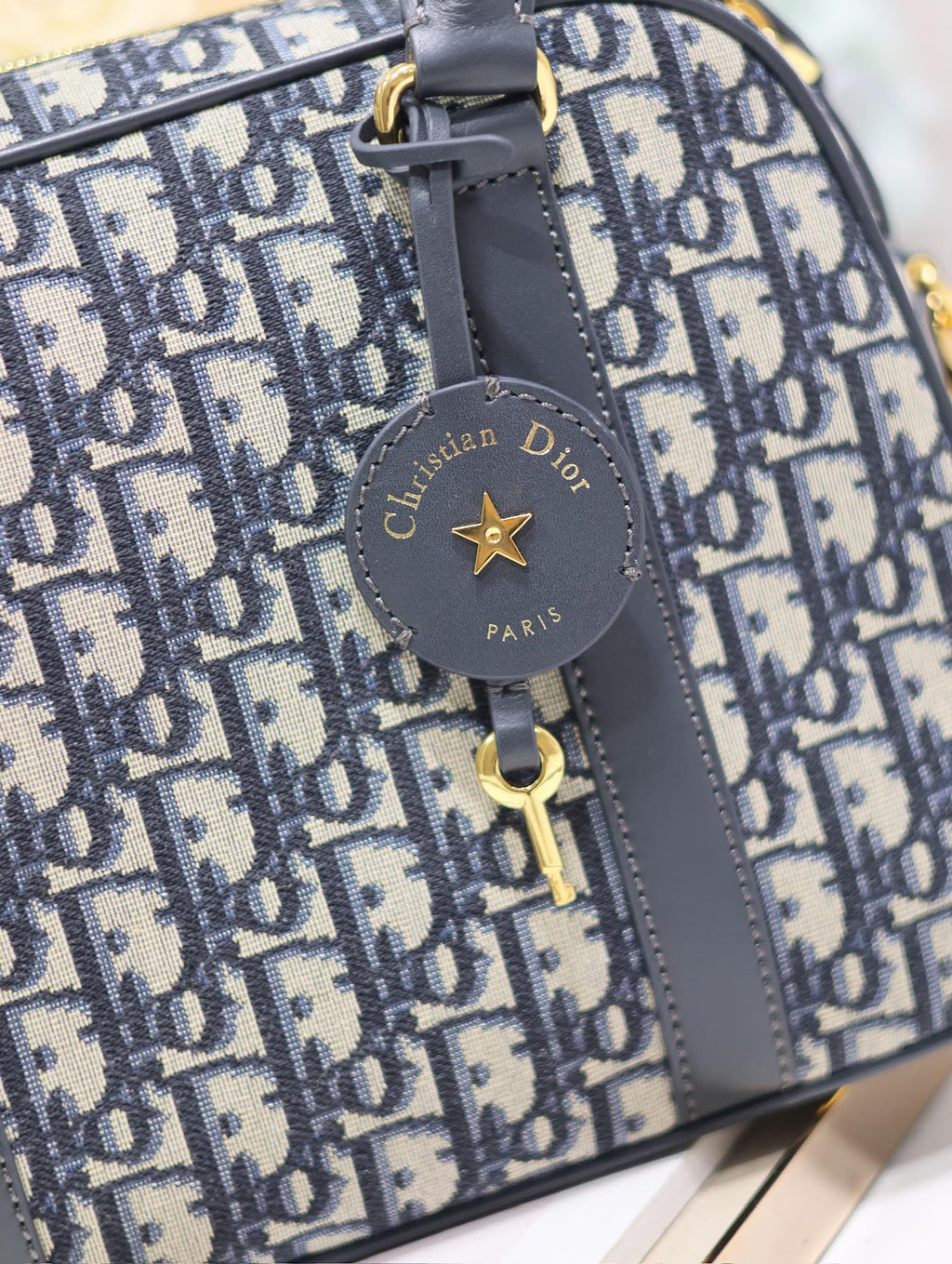DIOR MEDIUM 31 D-VIBE BOWLING BAG IN BLUE MONOGRAM OBLIQUE JACQUARD