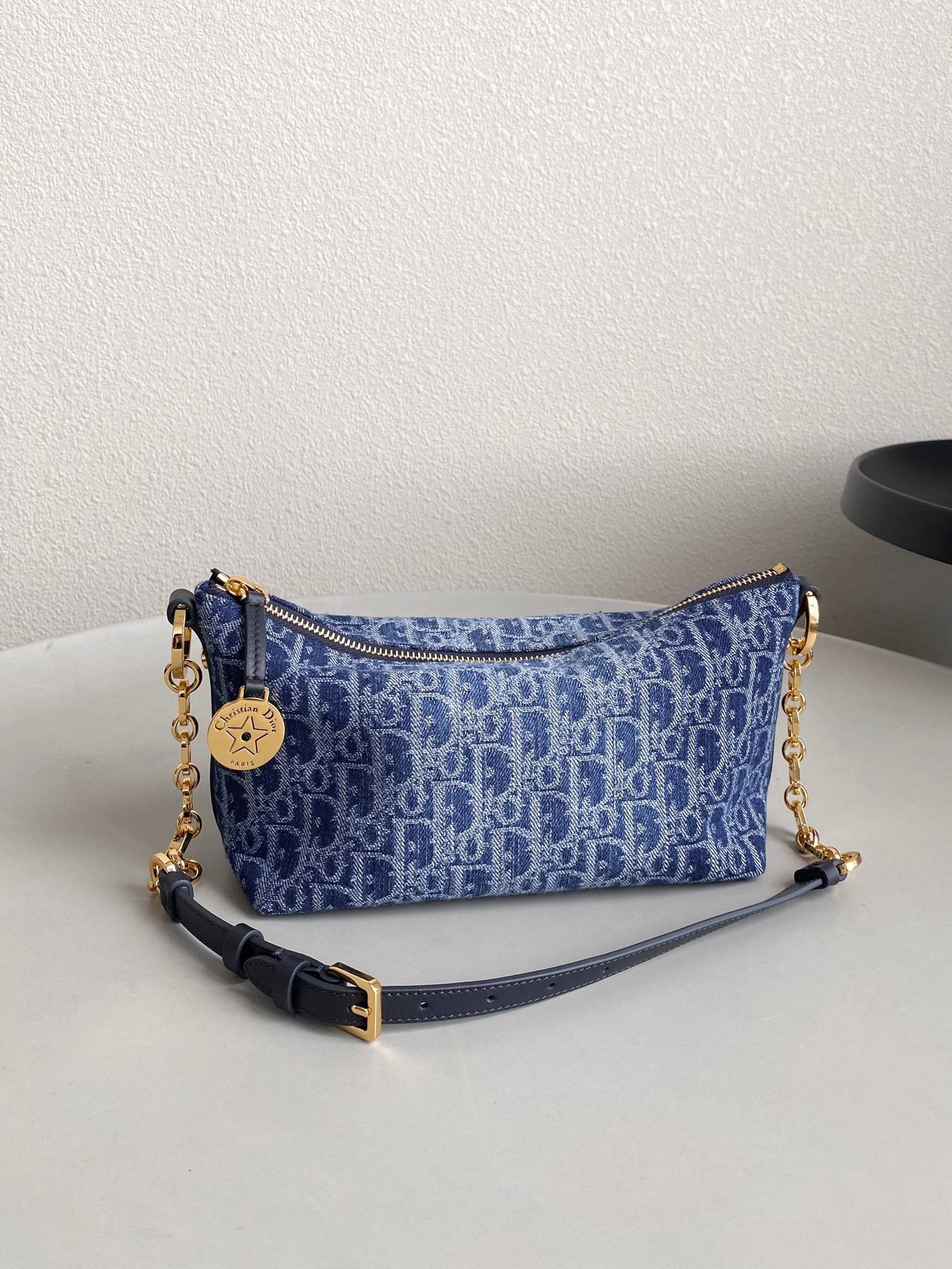 DIOR STAR 28 HOBO BAG WITH CHAIN BLUE DENIM OBLIQUE JACQUARD