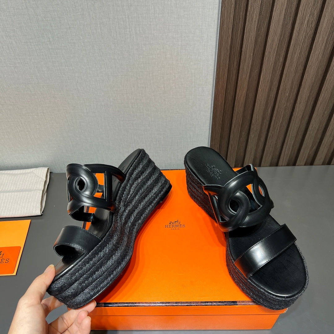 HERMES ITHEA 80 ESPADRILLE BLACK CALFSKIN