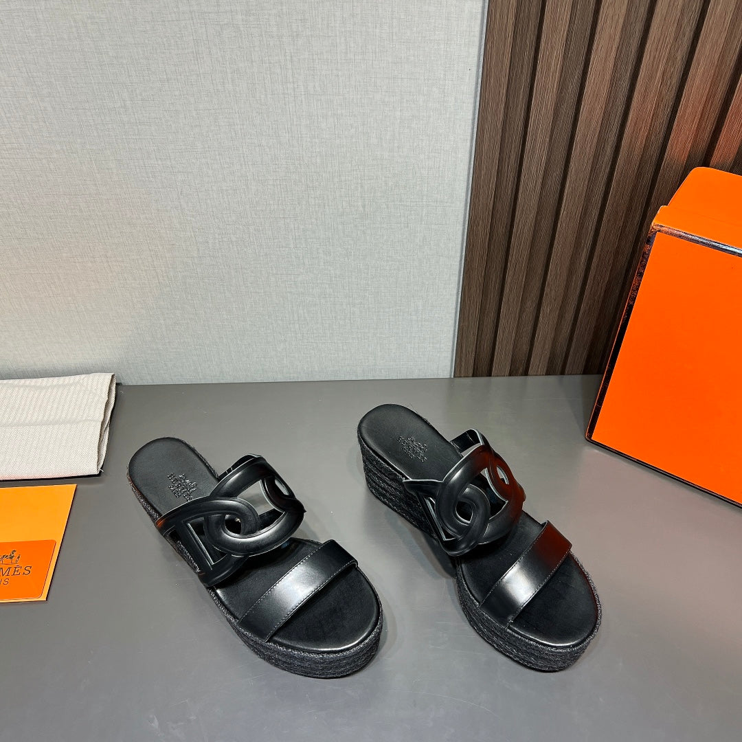 HERMES ITHEA 80 ESPADRILLE BLACK CALFSKIN