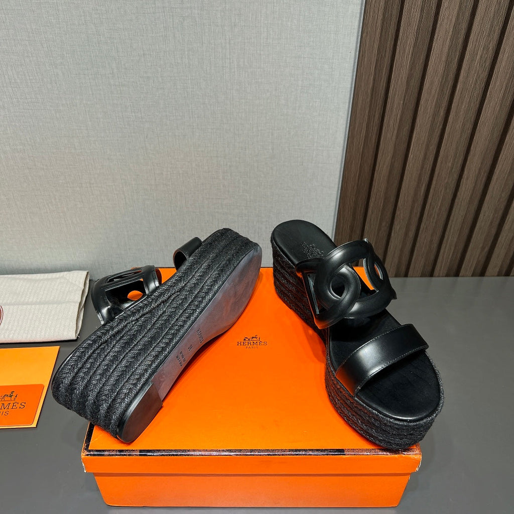HERMES ITHEA 80 ESPADRILLE BLACK CALFSKIN