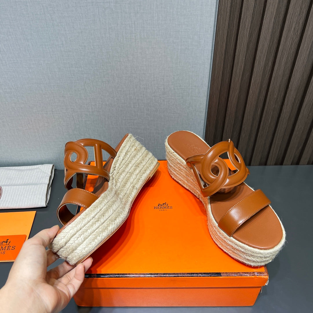 HERMES ITHEA 80 ESPADRILLE CARAMEL CALFSKIN