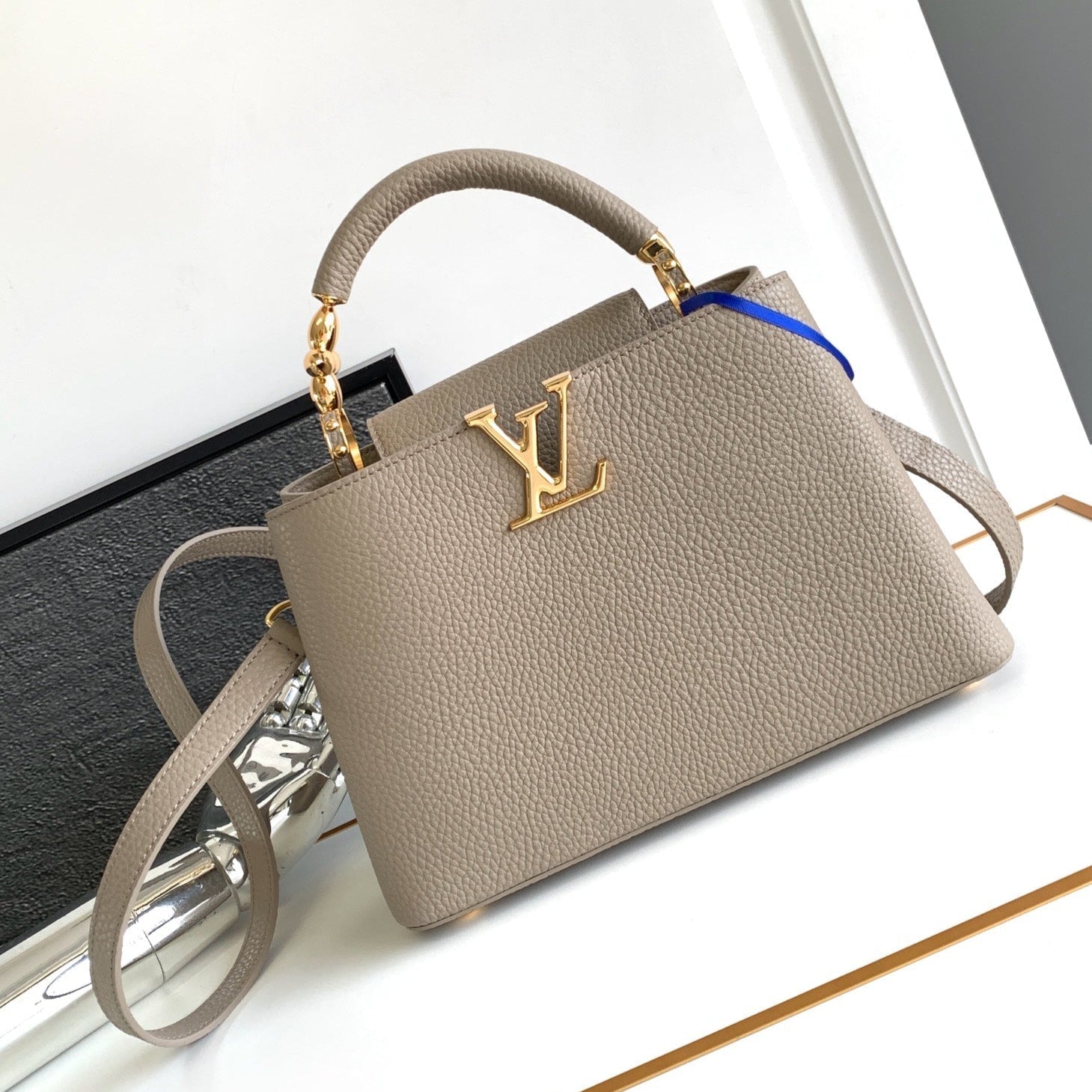 LOUIS VUITTON CAPUCINES BB 27 IN KHAKI BROWN TAURILLON GOLD HARDWARE
