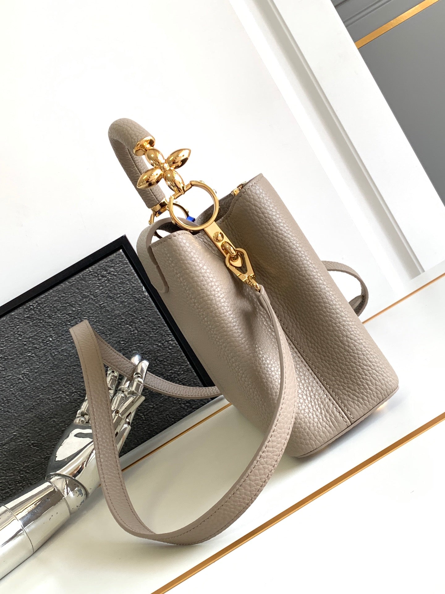 LOUIS VUITTON CAPUCINES BB 27 IN KHAKI BROWN TAURILLON GOLD HARDWARE