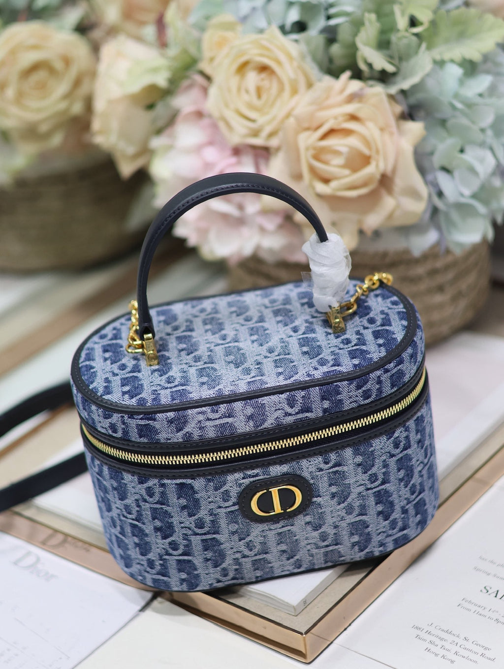 DIOR CARO SMALL 20 VANITY CASE IN CERULEAN BLUE MONOGRAM DENIM