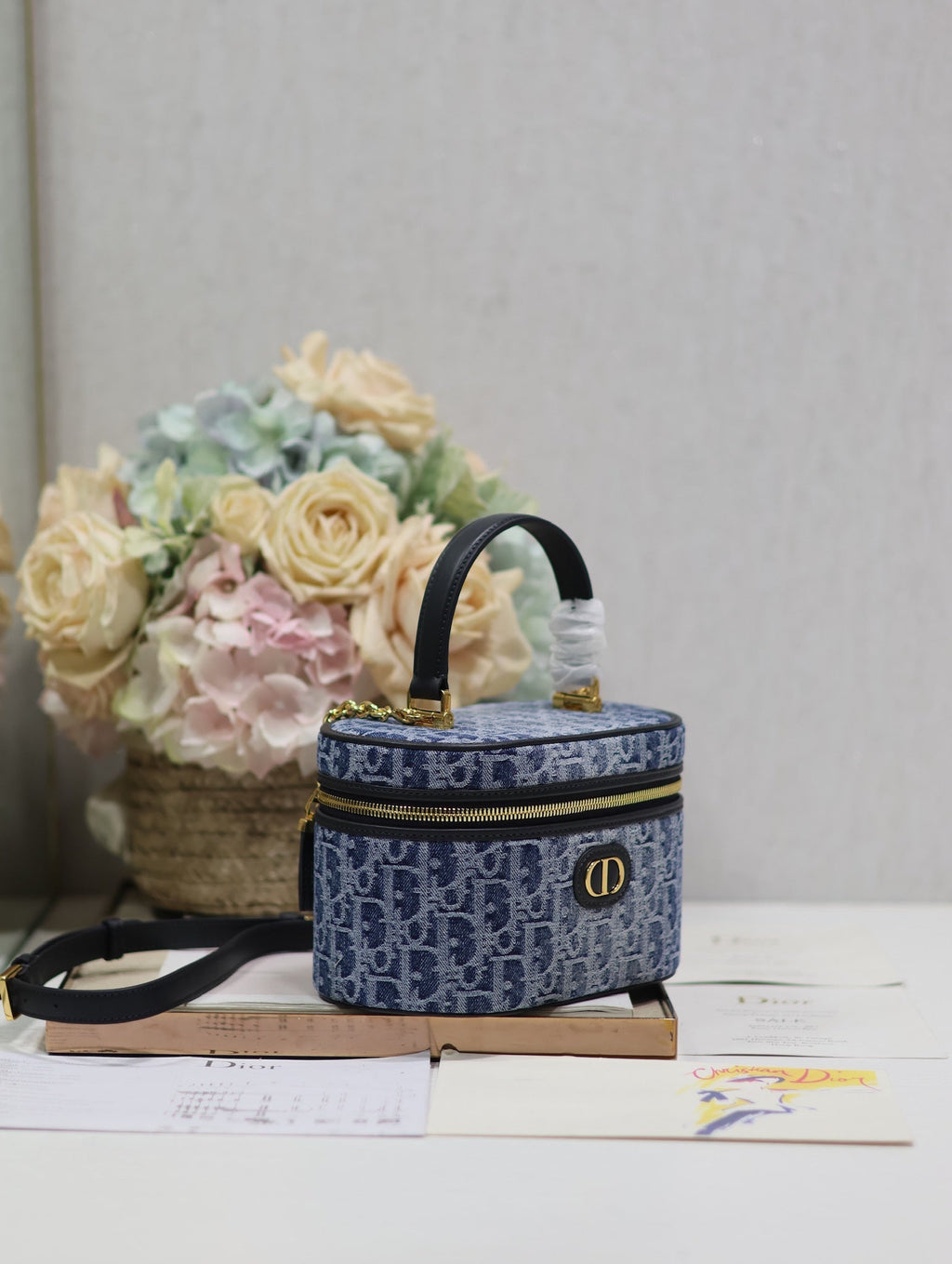 DIOR CARO SMALL 20 VANITY CASE IN CERULEAN BLUE MONOGRAM DENIM