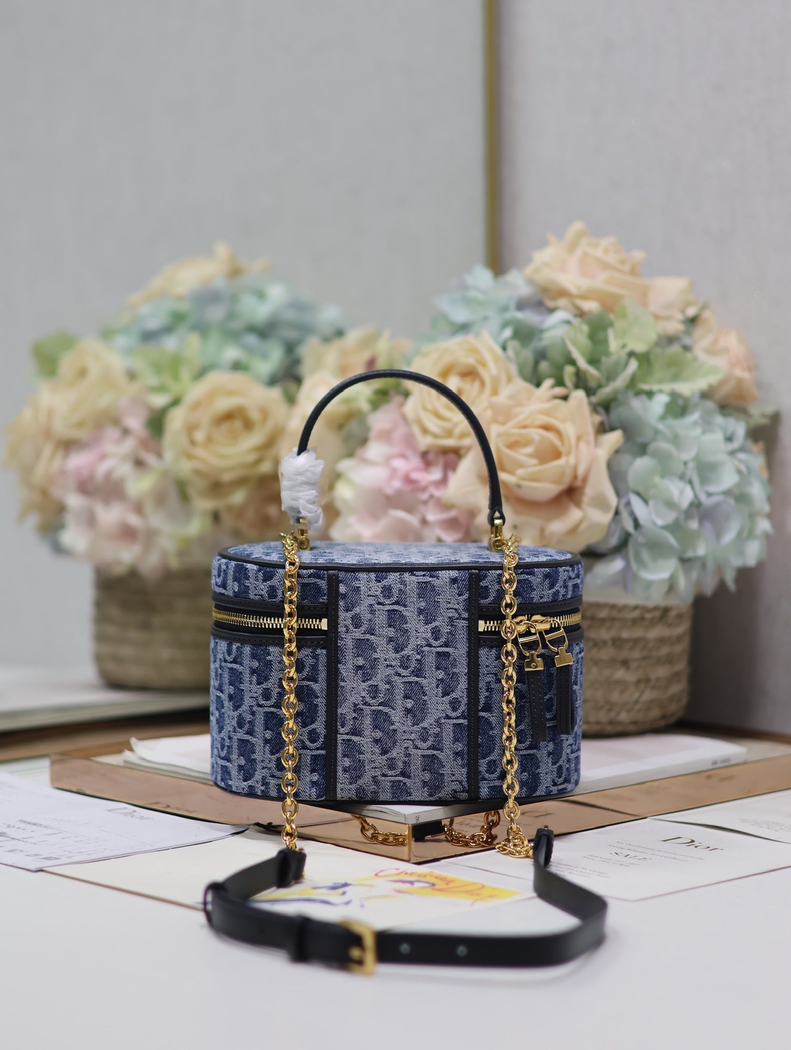 DIOR CARO SMALL 20 VANITY CASE IN CERULEAN BLUE MONOGRAM DENIM