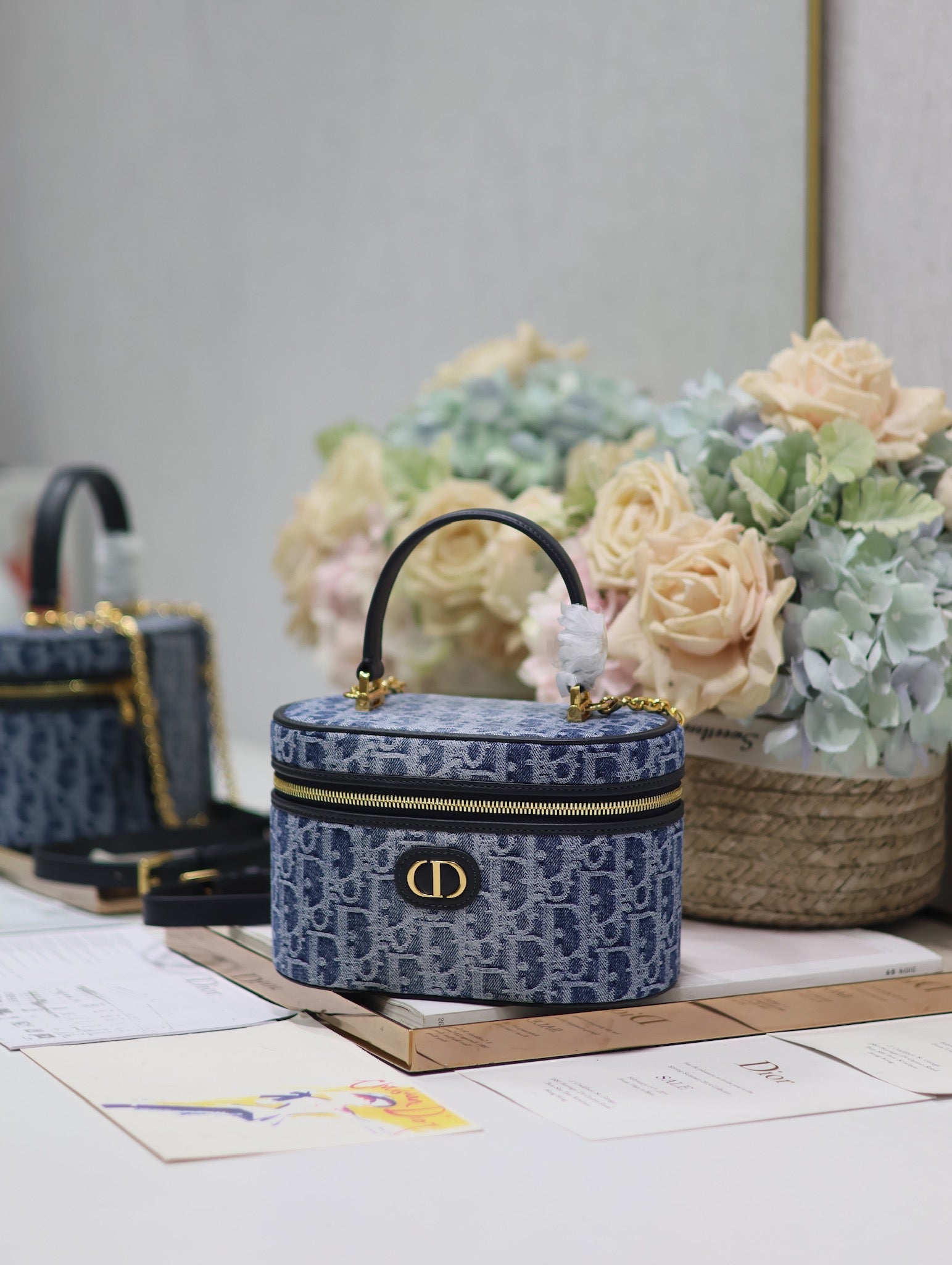 DIOR CARO SMALL 20 VANITY CASE IN CERULEAN BLUE MONOGRAM DENIM