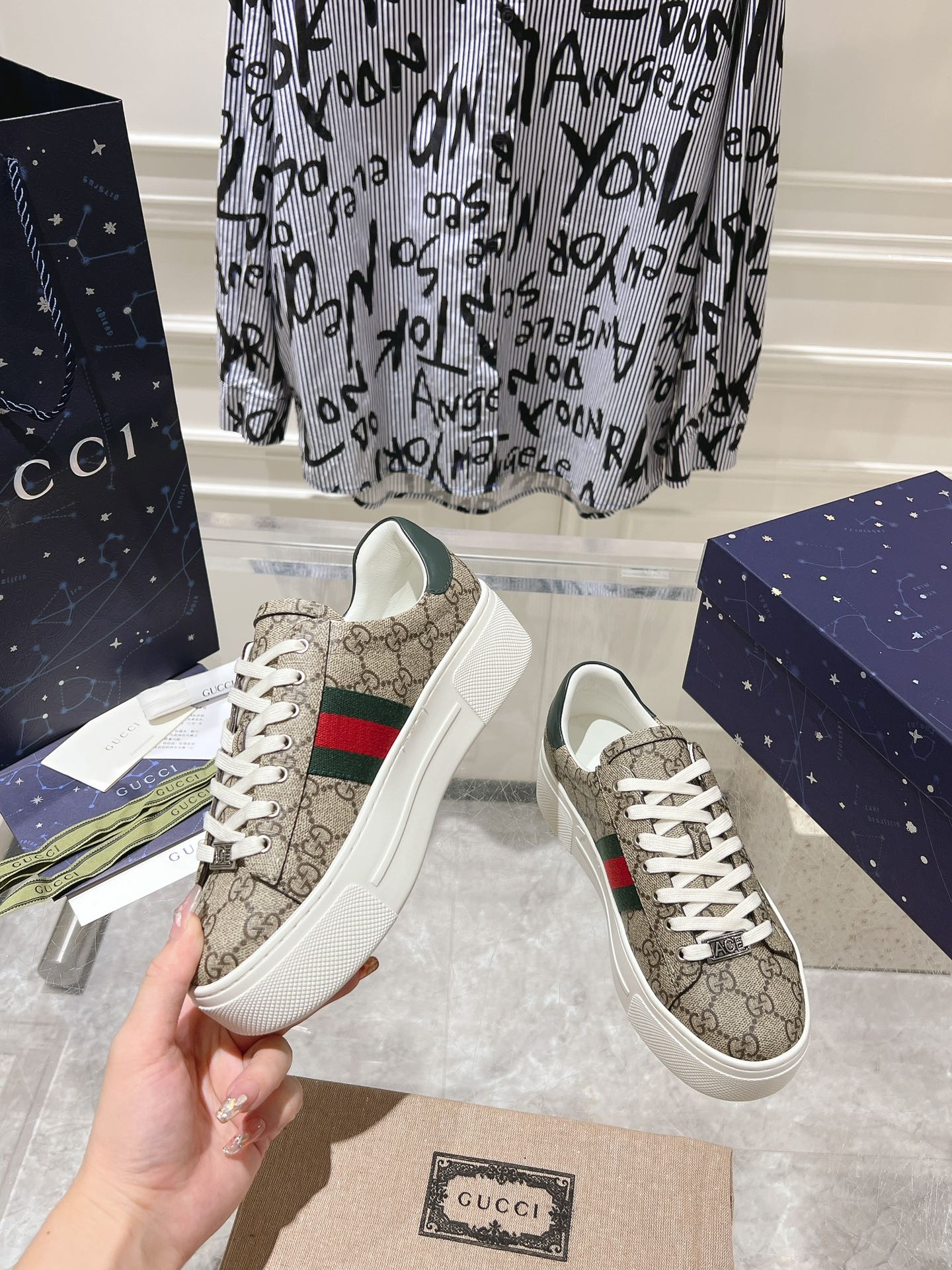 GUCCI ACE 30 SUPREME TRAINER LIGHT BROWN CALFSKIN
