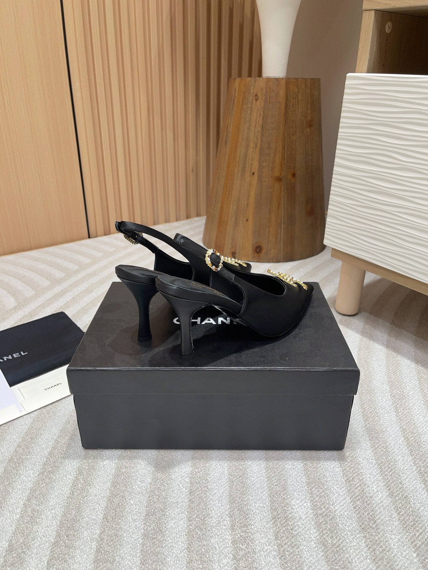 CHANEL HIGH SLINGBACKS BLACK SATIN AND LAMBSKIN