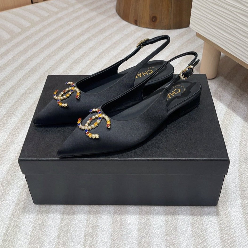 CHANEL SLINGBACKS BLACK SATIN AND LAMBSKIN