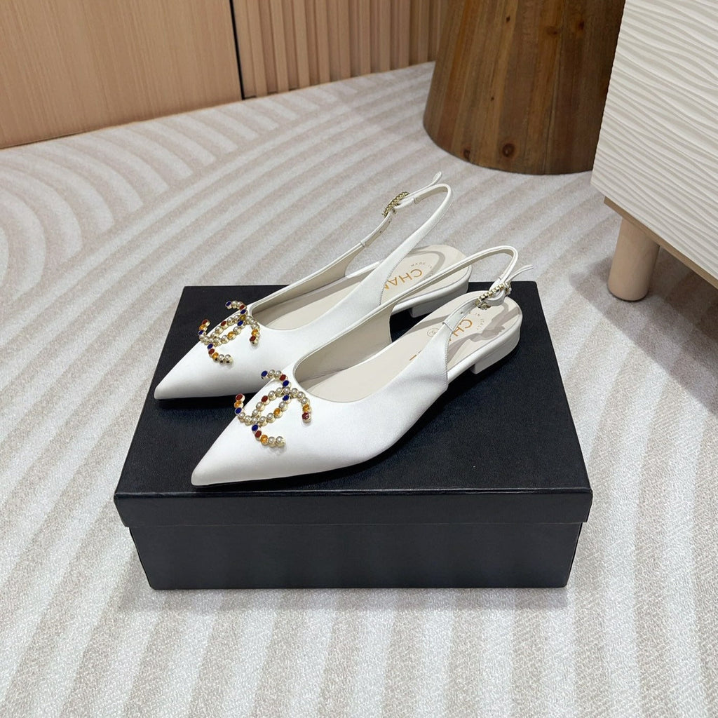 CHANEL SLINGBACKS WHITE SATIN AND LAMBSKIN