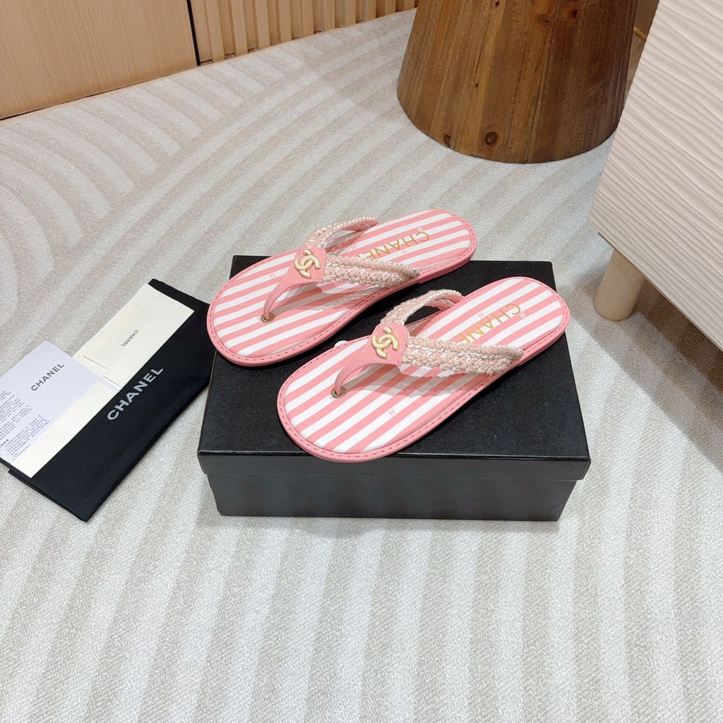 CHANEL WOVEN FLIP FLOP WHITE MIX PINK SHEEPSKIN