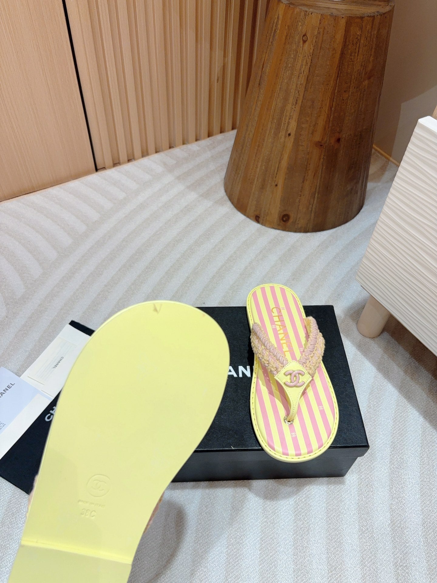 CHANEL WOVEN FLIP FLOP YELLOW MIX PINK SHEEPSKIN