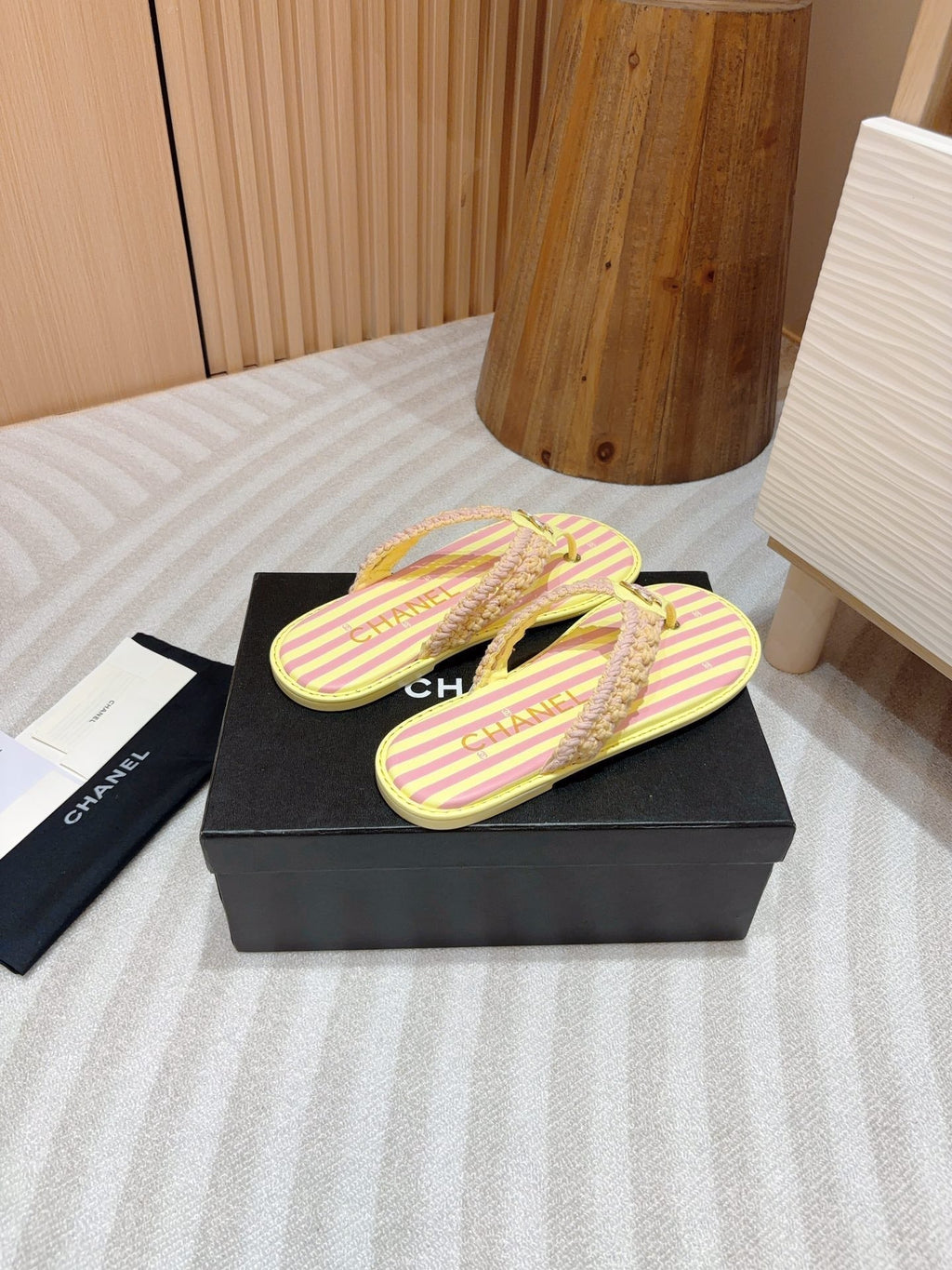 CHANEL WOVEN FLIP FLOP YELLOW MIX PINK SHEEPSKIN
