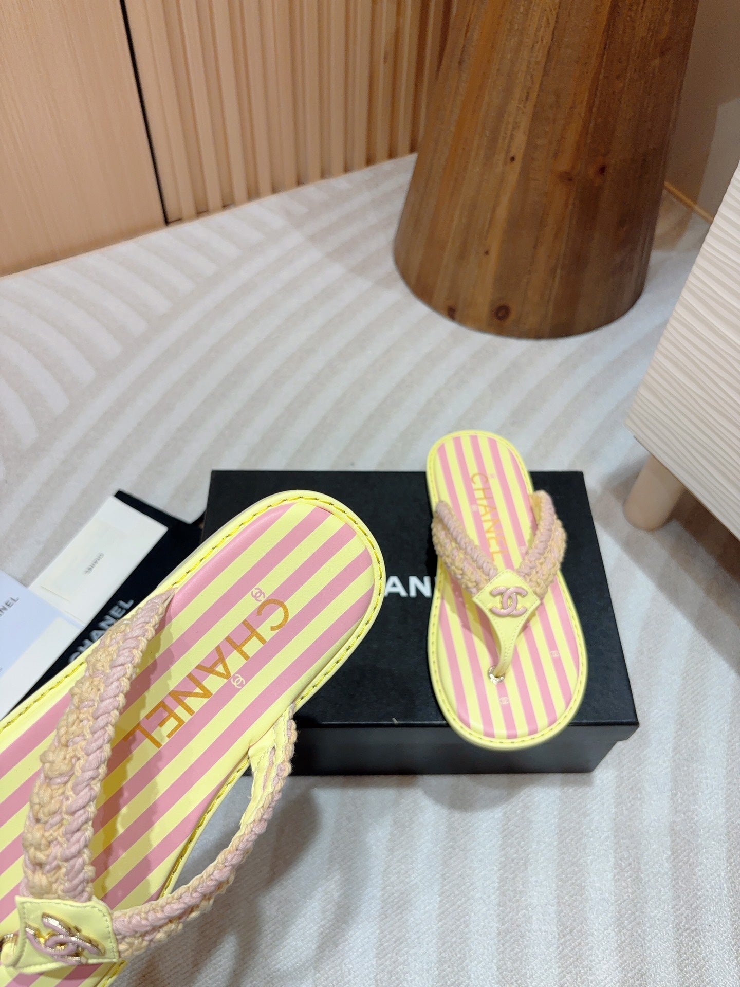 CHANEL WOVEN FLIP FLOP YELLOW MIX PINK SHEEPSKIN