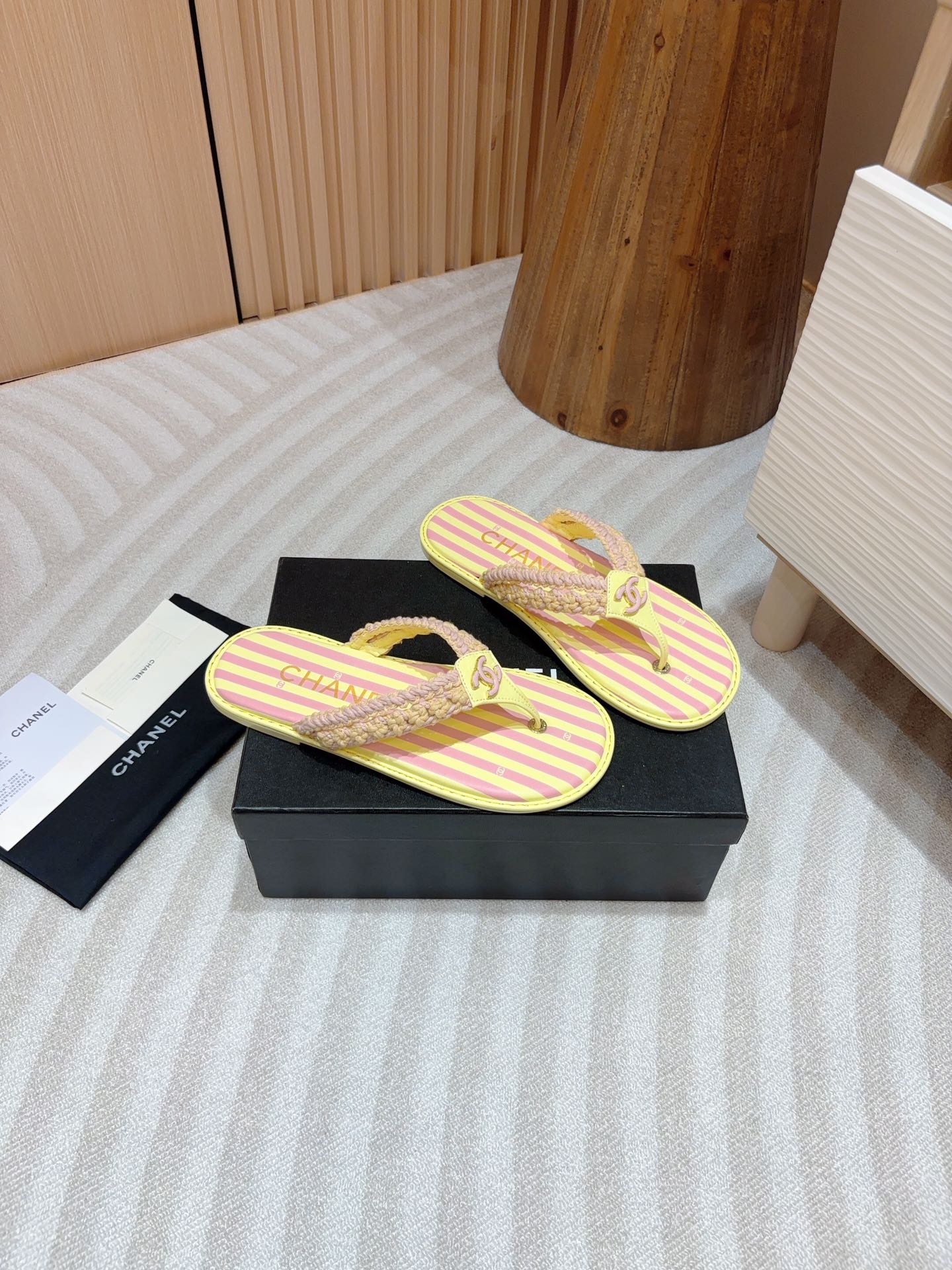 CHANEL WOVEN FLIP FLOP YELLOW MIX PINK SHEEPSKIN