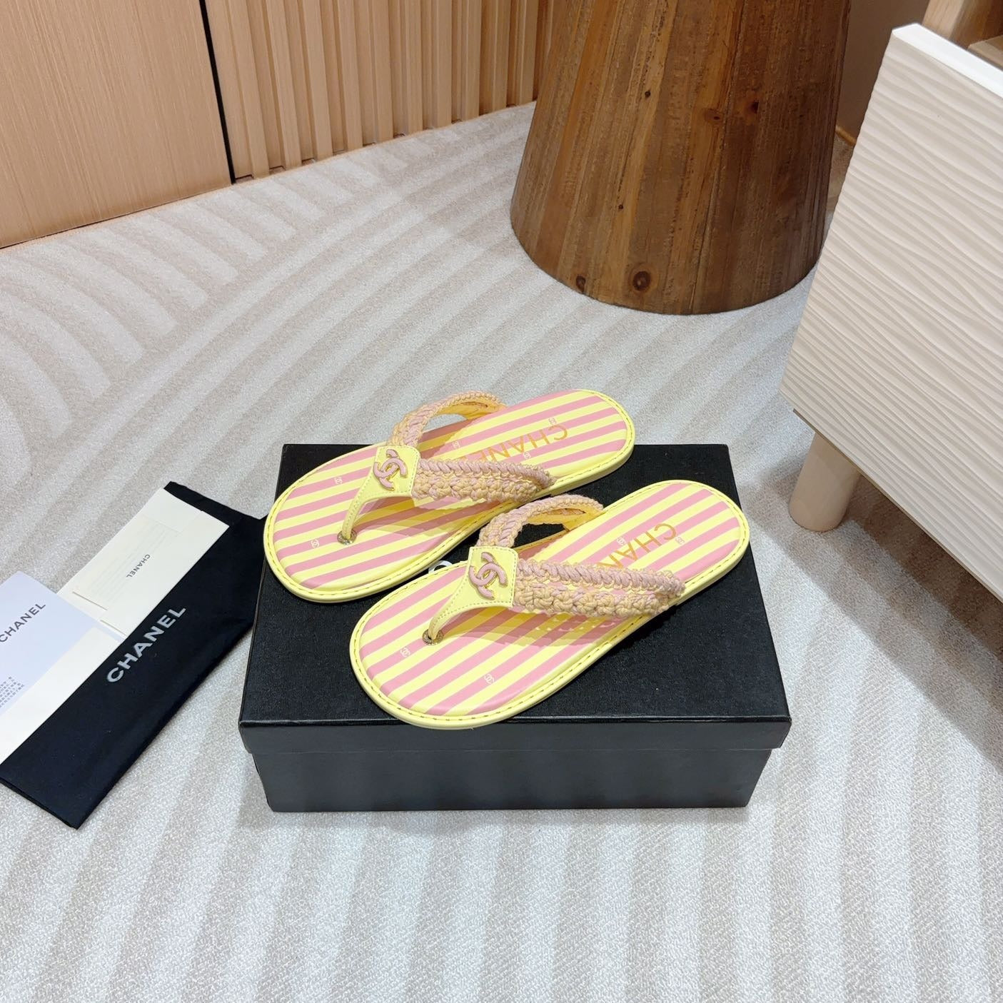 CHANEL WOVEN FLIP FLOP YELLOW MIX PINK SHEEPSKIN