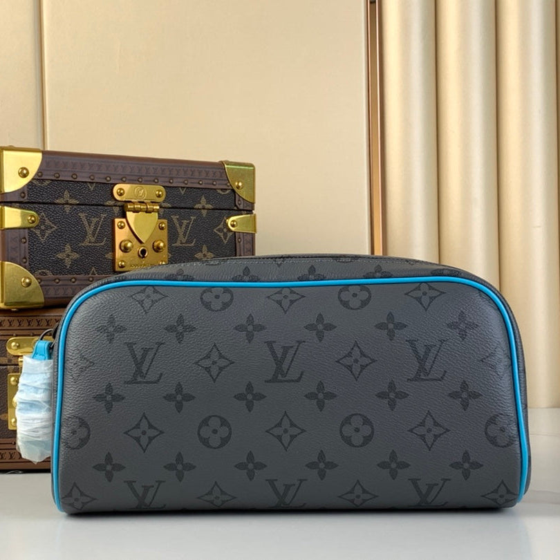 LOUIS VUITTON DOPP KIT 28 IN GUN METAL MONOGRAM ECLIPSE CANVAS AND TURQUOISE CALFSKIN TRIM