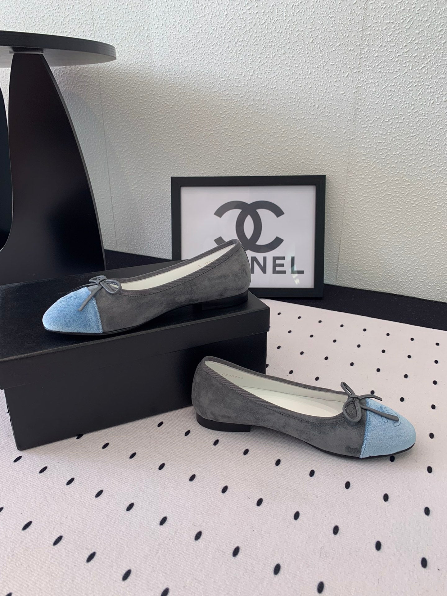 CHANEL BALLET FLAT GREY MIX LIGHT BLUE VELVET
