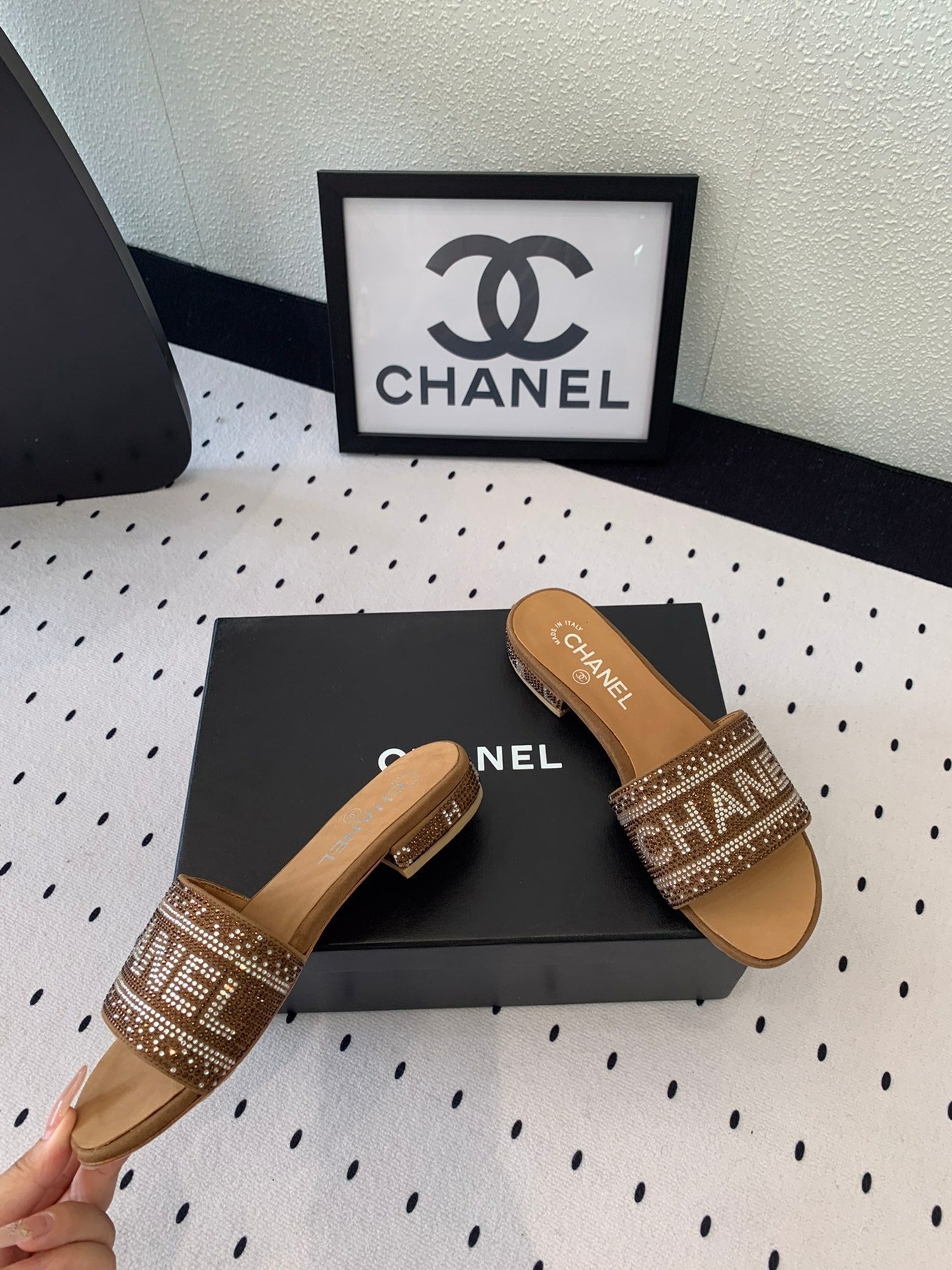 CHANEL RHINESTONE LETTER SLIPPERS CINNAMON BROWN LAMBSKIN