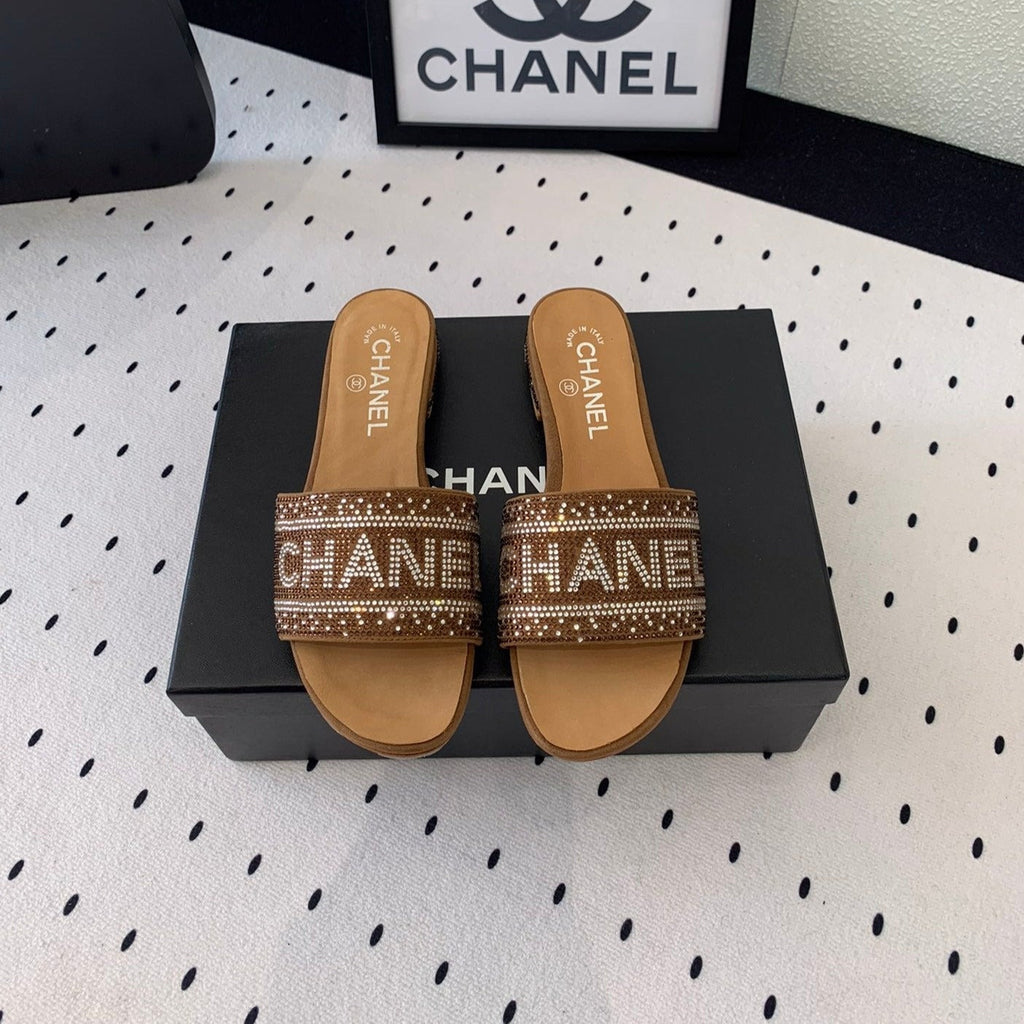 CHANEL RHINESTONE LETTER SLIPPERS CINNAMON BROWN LAMBSKIN