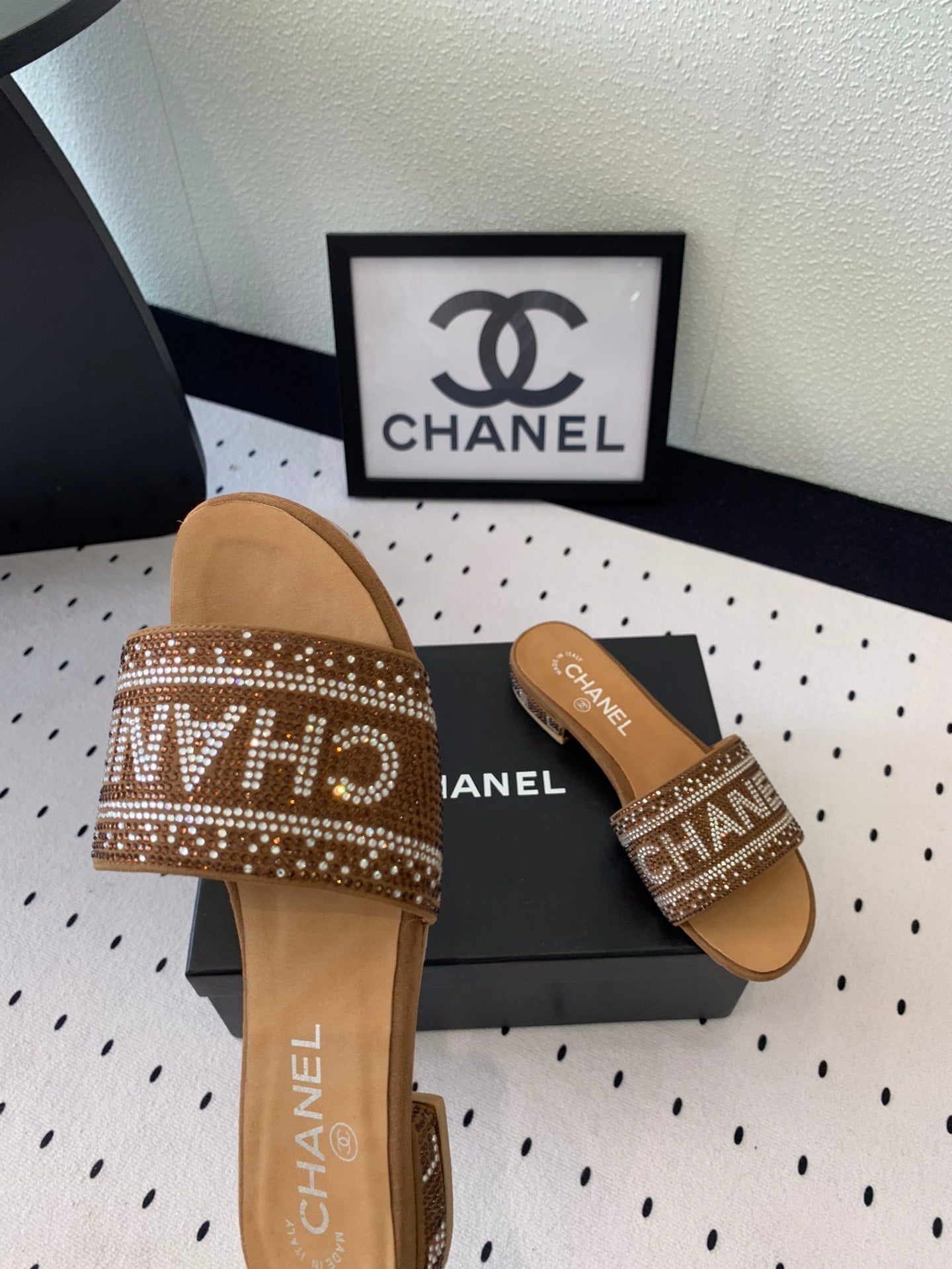 CHANEL RHINESTONE LETTER SLIPPERS CINNAMON BROWN LAMBSKIN