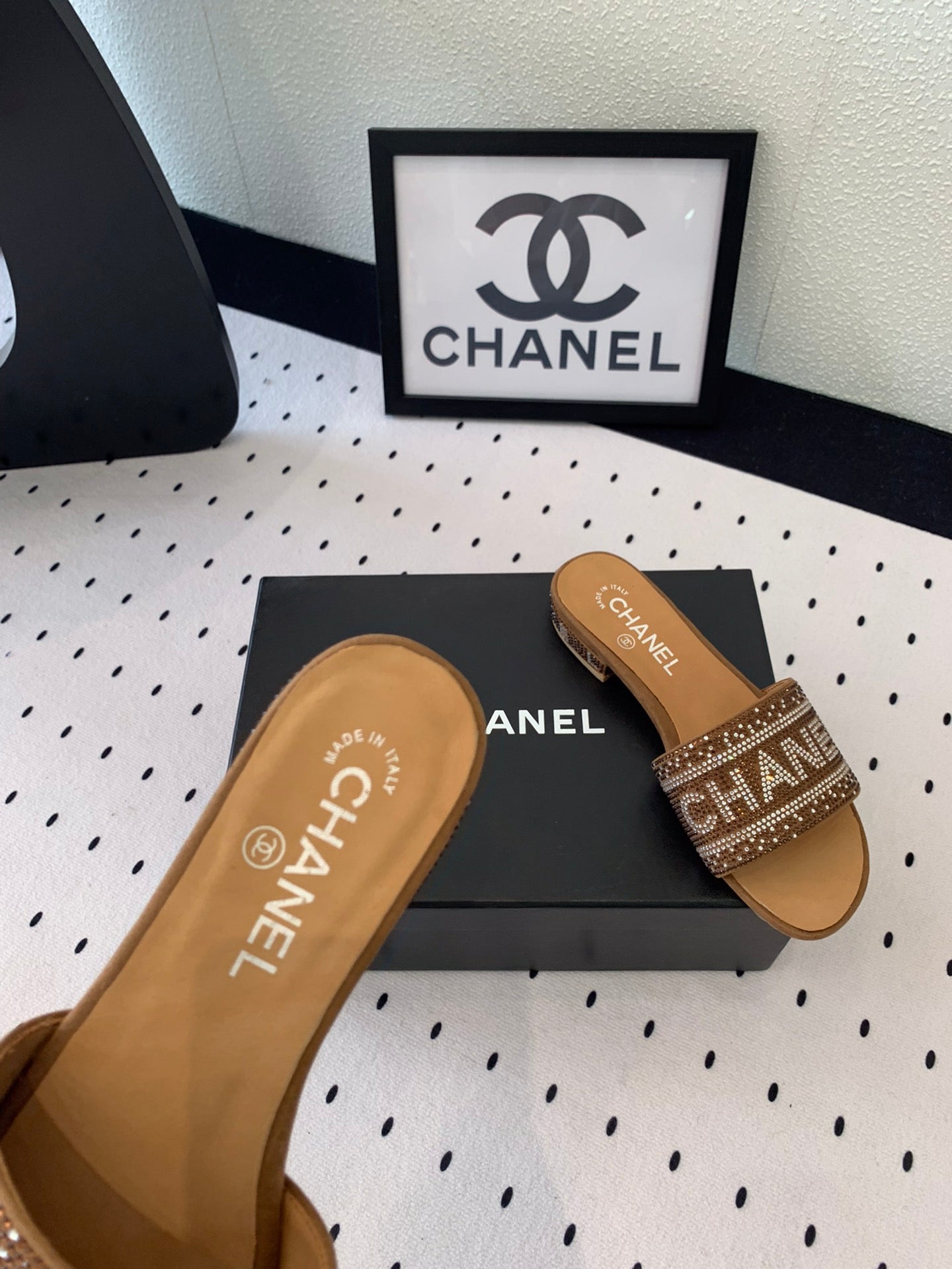 CHANEL RHINESTONE LETTER SLIPPERS CINNAMON BROWN LAMBSKIN