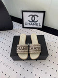 CHANEL RHINESTONE LETTER SLIPPERS BEIGE LAMBSKIN